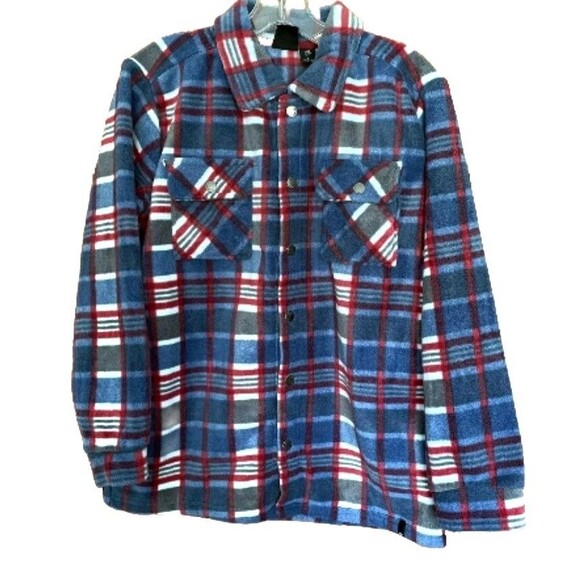 QUIKSILVER Youth Boy's L (14/16) Fleece Shirt Jacket Shacket Pockets Blue Plaid - Picture 6 of 12